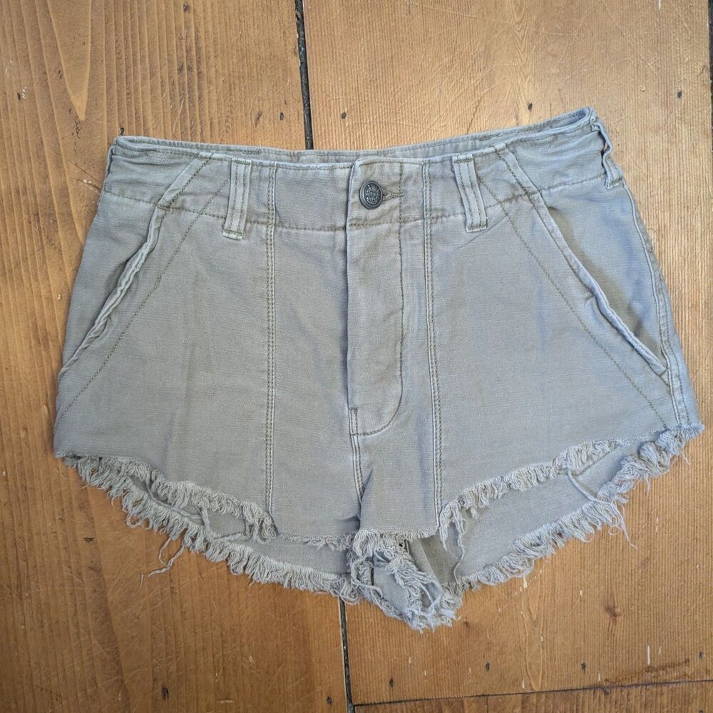 Free People Jeans Shorts Women's 2 Tan Beige High Rise Button Fly Denim Cut Off